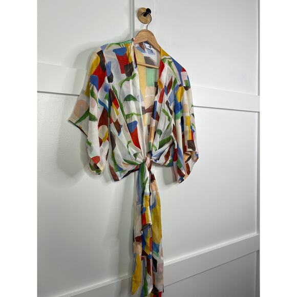 NEW Just Bee Queen Hana Front Tie Half Sleeve White Multicolor Print Cropped Top - Picture 3 of 7